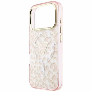 Guess IML Leopard Glitter Triangle Logo MagSafe ümbris mudelile iPhone 17 Pro Max / 18 Pro Max – värv: roosa