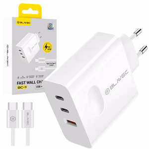 Blavec сетевое зарядное устройство BC-11 GaN - USB + 2xType C - QC PD 65W 3A с кабелем Type C на Type C (TCBC11G-U2CW653A) белое