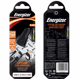 Energizer HardCase DC2BLCMM autolaadija, 2 × USB-A, 2,4 A, USB-C- ja Micro-USB-kaabliga, must