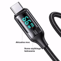 USAMS punutud kaabel U78 USB-C 1,2m LED 6A kiirlaadimine must SJ544USB01 (US-SJ544)