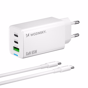 Wozinsky GaN 65W Laadija koos USB-A 2xUSB-C Ports koos 65W USB-C Kaabel - valge