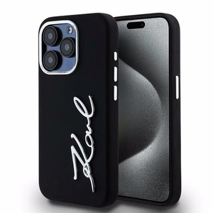 Karl Lagerfeld Silicone Metal Script Logo iPhone 15 Pro Max Ümbris - Must