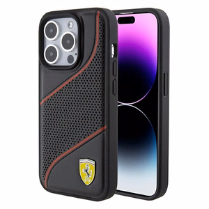 Ferrari Perforated Waves Metal Logo ümbris jaoks iPhone 15 Pro - must