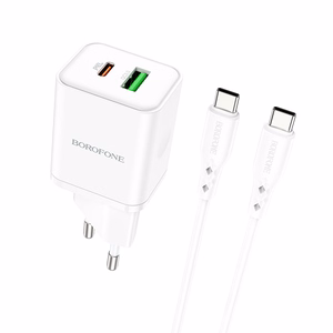 Borofone Wall Laadija BN7 - USB + Type C - QC 3.0 PD 20W with Type C to Type C Kaabel valge