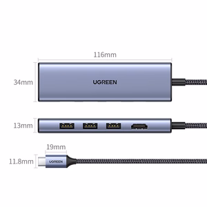 Ugreen CM511 20956A 6in1 jaotur USB-C - HDMI / 3x USB-A 3.0 / SD/TF kaardilugeja - hall