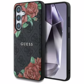Guess Leather 4G Flowers Print Metal Classic Logo MagSafe Ümbris jaoks Samsung Galaxy S25 - must