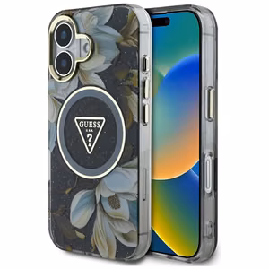 Guess Glitter Flowers Triangle Buttons MagSafe ümbris jaoks iPhone 16 must