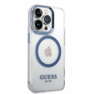 Guess Metal Outline MagSafe ümbris jaoks iPhone 14 Pro - sinine