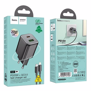 Зарядное устройство для телефона USB A + USB C QC PD 3A 20W + кабель USB C to Lightning N41 чёрное