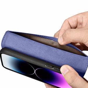 iCarer rahakott ümbris 2in1 Cover iPhone 14 Pro Anti-RFID nahast klappümbris helelilla (WMI14220726-LP)