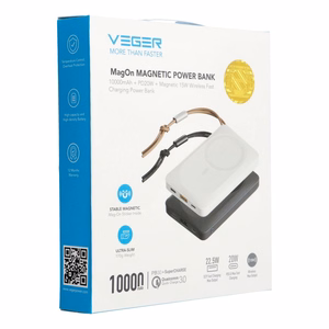 VEGER powerbank 10000 mAh with juhtmevaba charging compatible with MagSafe PD QC3.0 2A 20W MagOn (VP1151 / W1151) valge