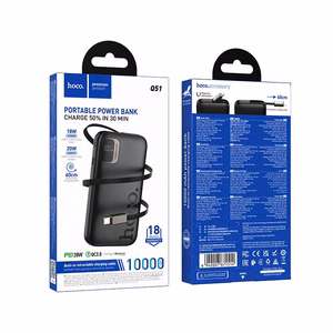Akupank Hoco 10000 mAh QC PD 20W sissetõmmatava USB C kaabliga Q51 must