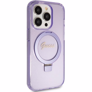 GUESS ümbris jaoks IPHONE 15 Pro compatible with MagSafe GUHMP15LHRSGSU (Glitter Script Logo Ring stand) lilla