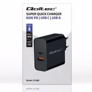Qoltec 52380 Super Quick PD Charger | 1xUSB-C | 1xUSB | 65W | 5-20V | 1.5-3.25A | must