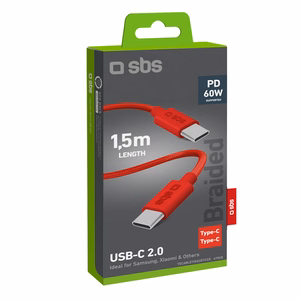 SBS TECABLETISSUETCCR USB-C - USB-C 1.5m 60W Braided Kaabel - punane