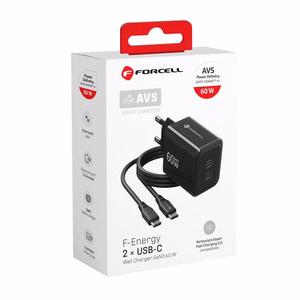 Forcell F-Energy GaN III Crystal Color VT-60 telefonilaadija, 2 × USB-C, AVS, SSFC3.0, 60 W, USB-C–USB-C silikoonkaabliga, must