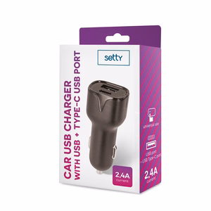 Setty autolaadija 1x USB 1x USB-C 2,4A must