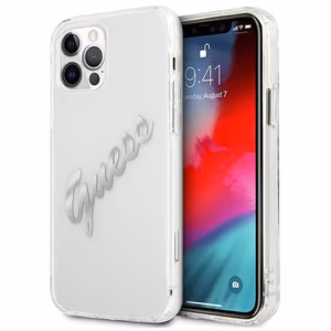 Guess GUHCP12LKTRSVSI iPhone 12 Pro Max 6.7" Läbipaistev kõvakaaneline Vintage Script Silver
