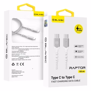 Blavec Kaabel Raptor braided - Type C to Type C - PD 100W 5A 1 metre Apple CarPlay/Android Auto (CRA-CC5WS10) valge-hõbedane