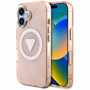 Guess IML Metal Glitter 4G Circle Triangle MagSafe ümbris jaoks iPhone 16 - roosa