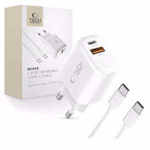 Tech-Protect NCA30 PD 30W QC3.0 USB-A / USB-C Wall Laadija + USB-C / USB-C Kaabel 100cm - valge