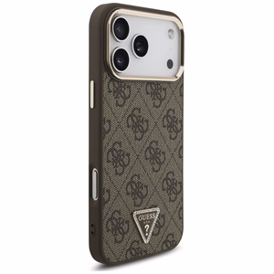 Guess PU Leather 4G Strass Triangle Logo Gold Frame MagSafe ümbris Apple iPhone 18 Pro Max telefonile, pruun