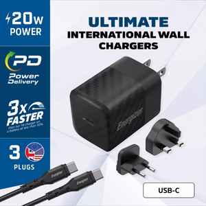 Energizer Ultimate A20MUC GaN reisilaadija EU / UK / US pistikutega, USB-C, 20 W PD, USB-C-kaabliga, must