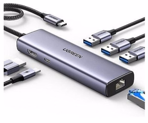 Ugreen CM512 15598 6in1 jaotur USB-C - 3x USB-A 3.0 / HDMI / RJ45 / USB-C PD - hall