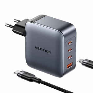 Vention power laadija 3x USB-C, 1x USB-A, (100W/100W/30W/30W) (hall) with USB-C to USB-C kaabel (1m) (must)