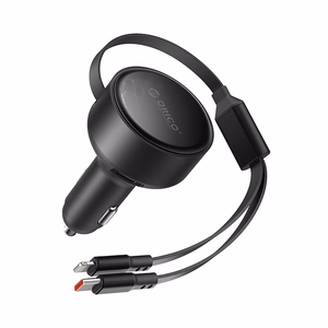 Orico Dual Stretch 60W USB-C autolaadija kahe sissetõmmatava USB-C + Lightning kaabliga - must