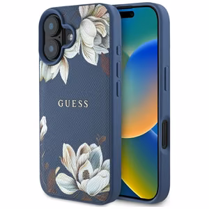 Guess Grained Printed Flower Pattern MagSafe ümbris jaoks iPhone 16 sinine
