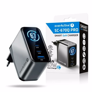 everActive GaN 67W – 67 W GaN-võrgulaadija 1× USB-A ja 2× USB-C pesaga, Quick Charge 4+, must