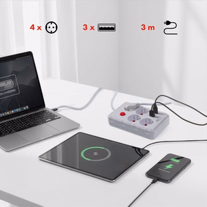 Maclean MCE393 W – pistikupesa pikendusjuhe, 4 pistikupesa + 3×USB, 110–240 V AC, 50/60 Hz, 2,1 A, kuni 2500 W, 3 m, valge