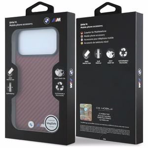 BMW kaitseümbris seadmele iPhone 18 Pro / 17 Pro: (Carbon Metal Logo), MagSafe'iga ühilduv, värv: bordoopunane