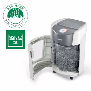 Leitz IQ OptiMax Small Office 350 – P-5 mikrolõikega paberipurustaja, 22 l, valge (83590000)
