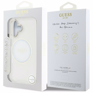 Guess IML Metal Colored Circle Classic Logo MagSafe ümbris jaoks iPhone 16 - valge