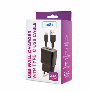 Setty laadija 1x USB 2,4A must + USB-C kaabel 1,0 m UUSI