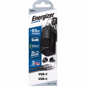 Energizer Ultimate A65MUC GaN reisilaadija EU / UK / US pistikutega, USB-C + USB-A, 65 W PD, USB-C-kaabliga, must