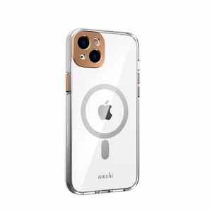 Moshi iGlaze ümbris seadmele iPhone 14 Plus, MagSafe'iga ühilduv, läbipaistev Sunset Gold detailidega