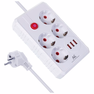 Maclean MCE393 W – pistikupesa pikendusjuhe, 4 pistikupesa + 3×USB, 110–240 V AC, 50/60 Hz, 2,1 A, kuni 2500 W, 3 m, valge