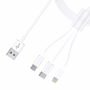 3mk 3-in-1 kaabel USB-A - microUSB / Lightning / USB-C 1.2m 20V/2.4A 15W, valge