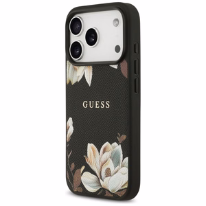 Guess Grained Flowers Classic Logo MagSafe ümbris jaoks iPhone 17 Pro - must