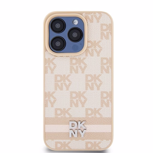 DKNY Leather Checkered Mono Pattern & Printed Stripes ümbris jaoks iPhone 15 Pro - roosa