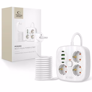 Tech-Protect PCS3X4 power strip, 3 sockets, 2xUSB-A, 2xUSB-C 200 cm - valge