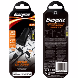 Energizer HardCase DC2CLLIM autolaadija, 2 × USB-A, 17 W / 3,4 A, MFi-sertifikaadiga Lightning-kaabliga, must