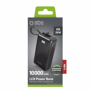 Powerbank SBS 10000 mAh 20W sisseehitatud USB-C kaabli ja digitaalse ekraaniga - must