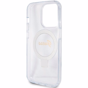 GUESS ümbris jaoks IPHONE 15 Pro compatible with MagSafe GUHMP15LHRSGSD (Glitter Script Logo Ring stand) läbipaistev
