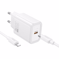 Laadija Hoco N60 20W GaN USB-C + USB-C to Lightning kaabel 1.0m valge
