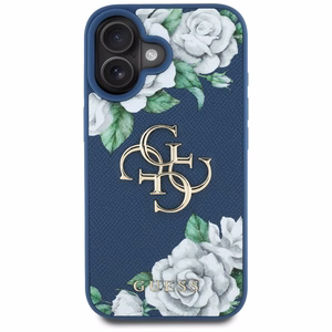 Guess Grained Roses Big 4G logo ümbris jaoks iPhone 16 - sinine