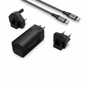 Energizer Ultimate A65MUC GaN reisilaadija EU / UK / US pistikutega, USB-C + USB-A, 65 W PD, USB-C-kaabliga, must